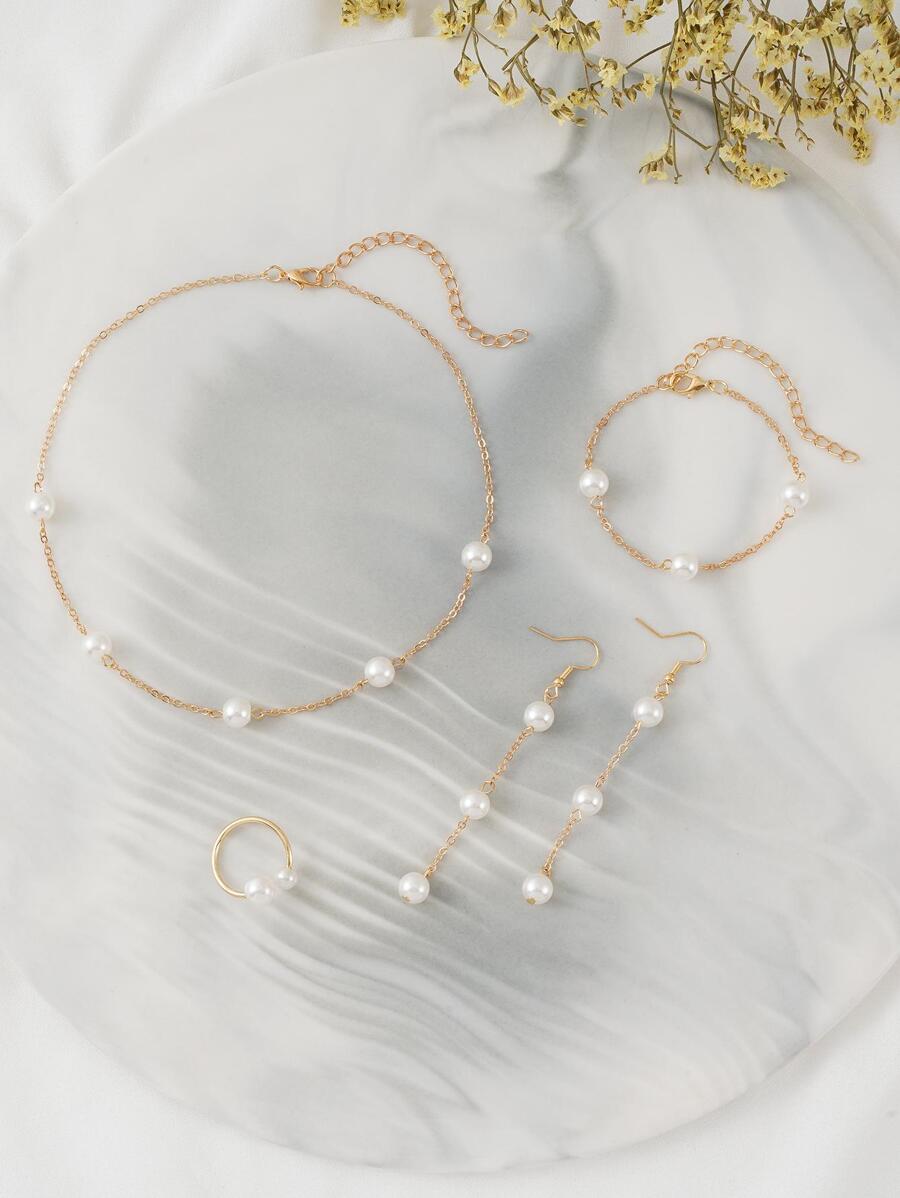 1 Necklace, 1 Bracelet, 1 Ring, 1 Pair Of Earrings Women's Elegant Faux Pearl Jewelry Set, Suitable For Gifts, Daily Wear, And Parties