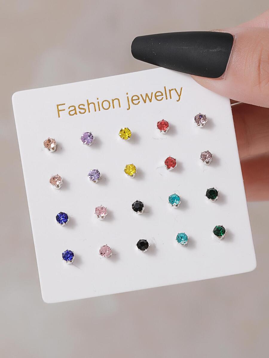 20 pièces Multicolore Diamant Incrusté À La Mode Élégant Clous D'oreilles Ensemble Pour Femme
