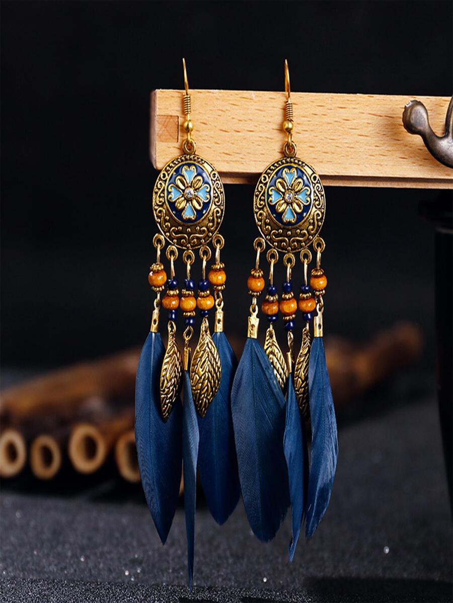 Round Painting Oil Dandelion Fringe Earrings For Women With White Feather Decor