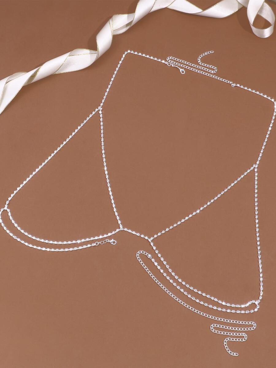 One Silver Boho Simple Chest Chain Jewelry Rhinestone Body Bra Sexy Breast Bra Hollow Lingerie