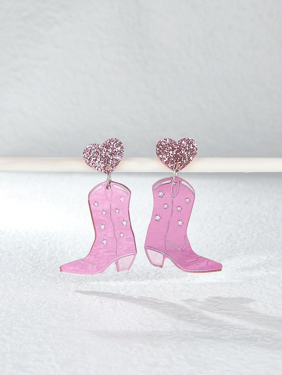 Pair Of Fashion Acrylic Printed Cow Leopard Western Cowboy Boots Hat Howdy Let's Go Girls Earrings For Women Independence Day Heart Pentagram Holiday Earrings Valentines