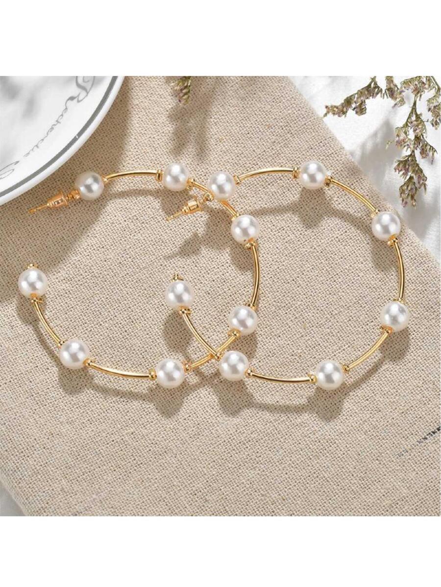 1 par de pendientes argolla grandes con perla, accesorios de joyería elegantes y de lujo coreanos para boda y fiesta