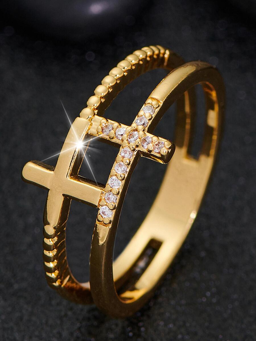 1 pieza Anillo de pareja con decoración de cruz de cobre y circonita cúbica, regalo del Día de San Valentín
