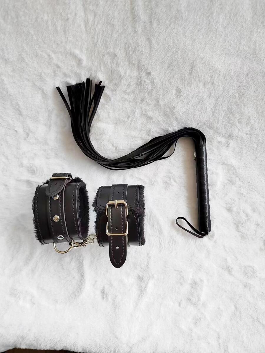 1pc Combination Black Handcuffs Whip Feminine Fun Bundle PU Leather Plush Handcuffs Couple Game Toys Set Of 2