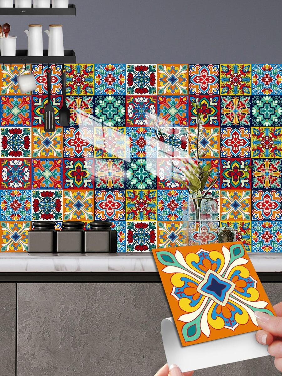 10 pezzi/20 pezzi Adesivi per piastrelle con mandala colorati per la cucina, decalcomanie da parete in PVC autoadesive, impermeabili e resistenti all'olio