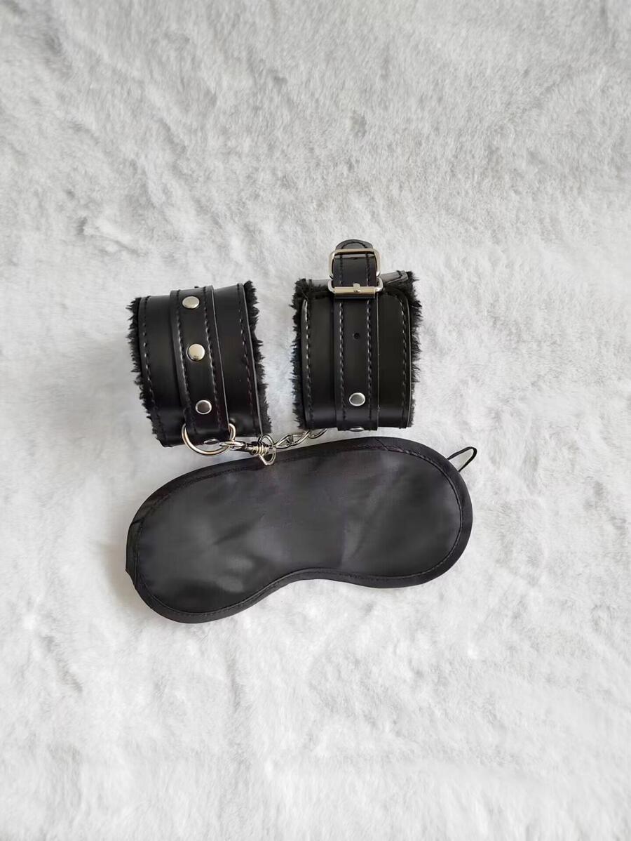 2pcs Black Game PU Leather Plush Sexy Handcuffs Blindfold Eye Patch Set Of 2 Supplies For Women
