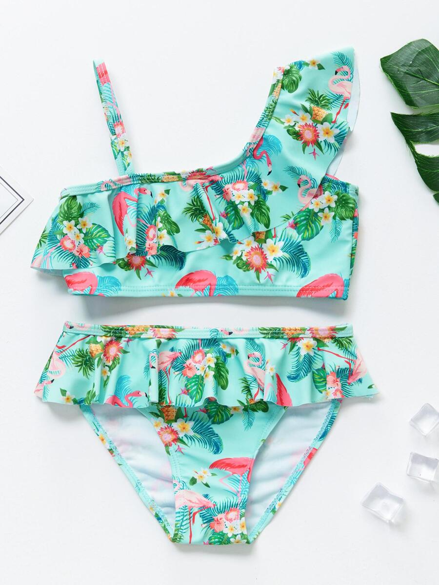 Ensemble bikini imprimé flamant rose pour jeune fille