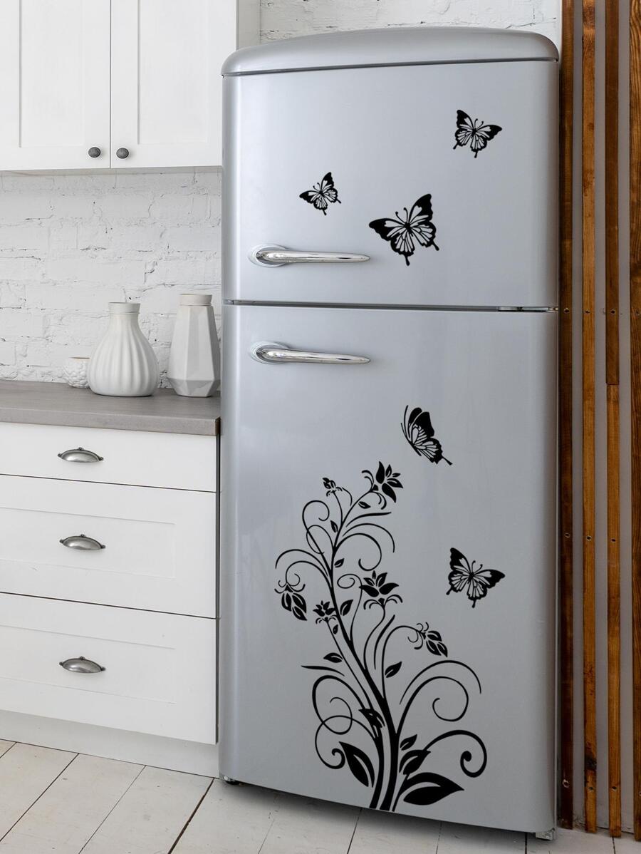 1pc Black Vine Flower & Butterfly Fridge Decoration Sticker, Stickers, Wall Decal, Vinly Decal For Home Decorations, Spring Decoration Items Refresh Your Home, Festival Decoration Stickers Gifts Birthday Graduation