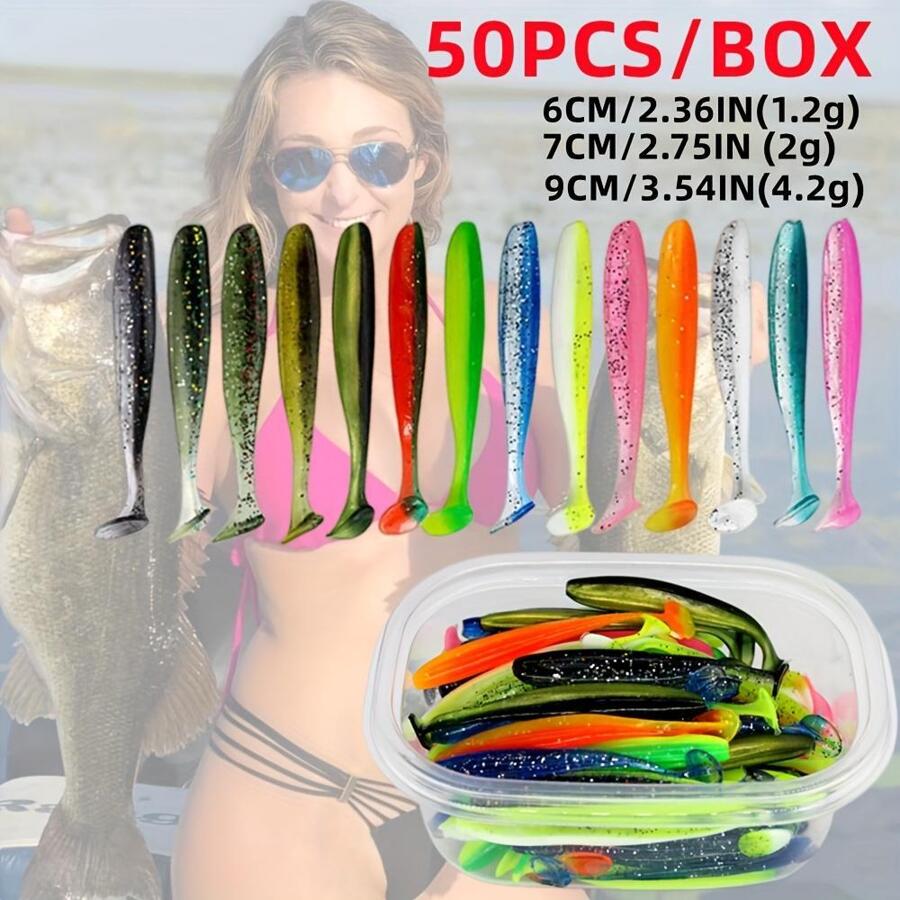 50 Peças/CAIXA Iscas de Pesca, Acessórios para Rig Texas para Pesca de Água Doce e Salgada, Iscas de Plástico Macio para Baixos, Ranhura para Gancho, Kit de Iscas de Pesca com Cores Comprovadas com Caixa Portátil Grátis