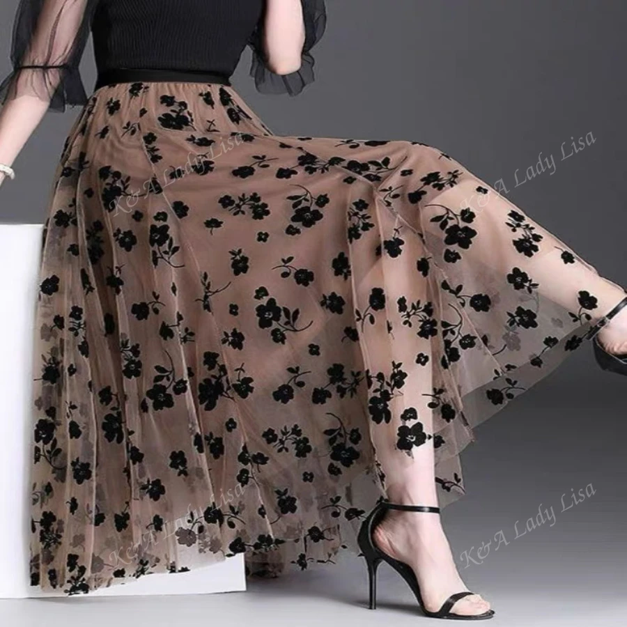 Falda Larga DOBLE VISITAS Para Mujer CON ENCAJE estampado con flores
