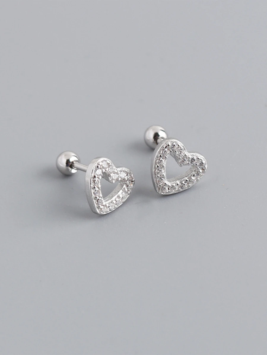 HuooNew 1pair Elegant 925 Sterling Silver & Cubic Zirconia Heart Stud Earrings As Birthday Gift For Teenage Girls
