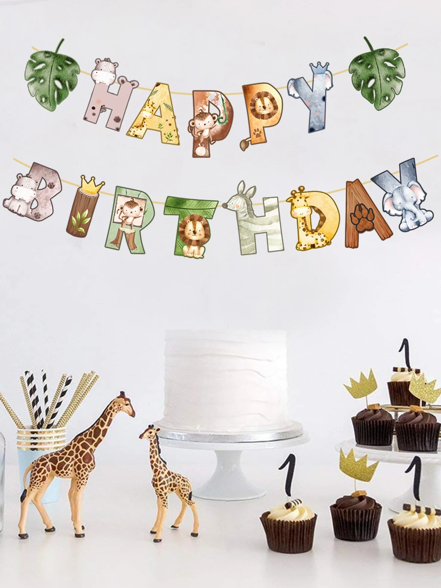 1pc Jungle Animal Happy Birthday Banner Pull Flag, Perfect Decoration Baby Birthday Party Background,Christmas