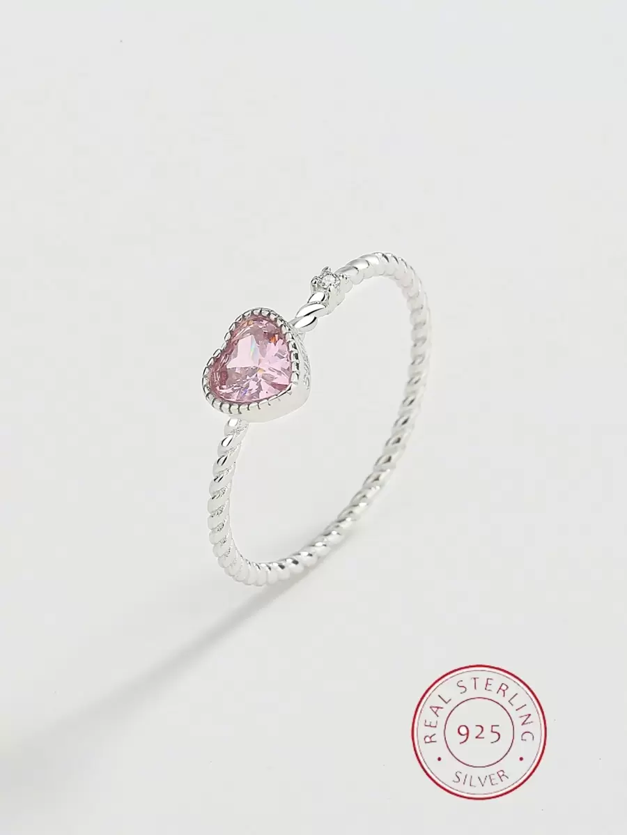 Anillo minimalista de corazón rosa de plata de ley 925 con cuerda/trenzado de cristal para mujer, estilo de caja aleatorio, diseño simple y elegante