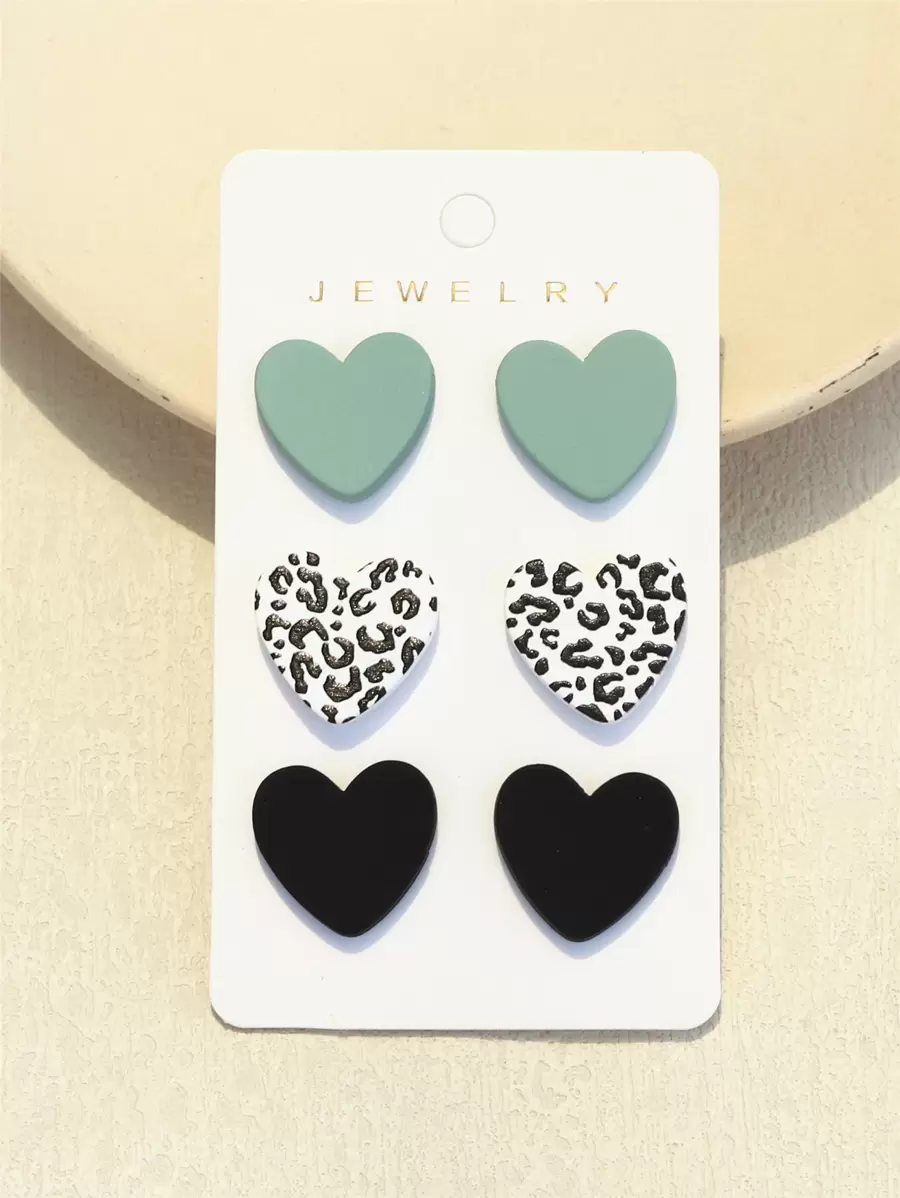 3pairs/Set Women's Shallow Green & Black Leopard Print Clay Texture Heart Shape Acrylic Earrings, 1 Card Valentines