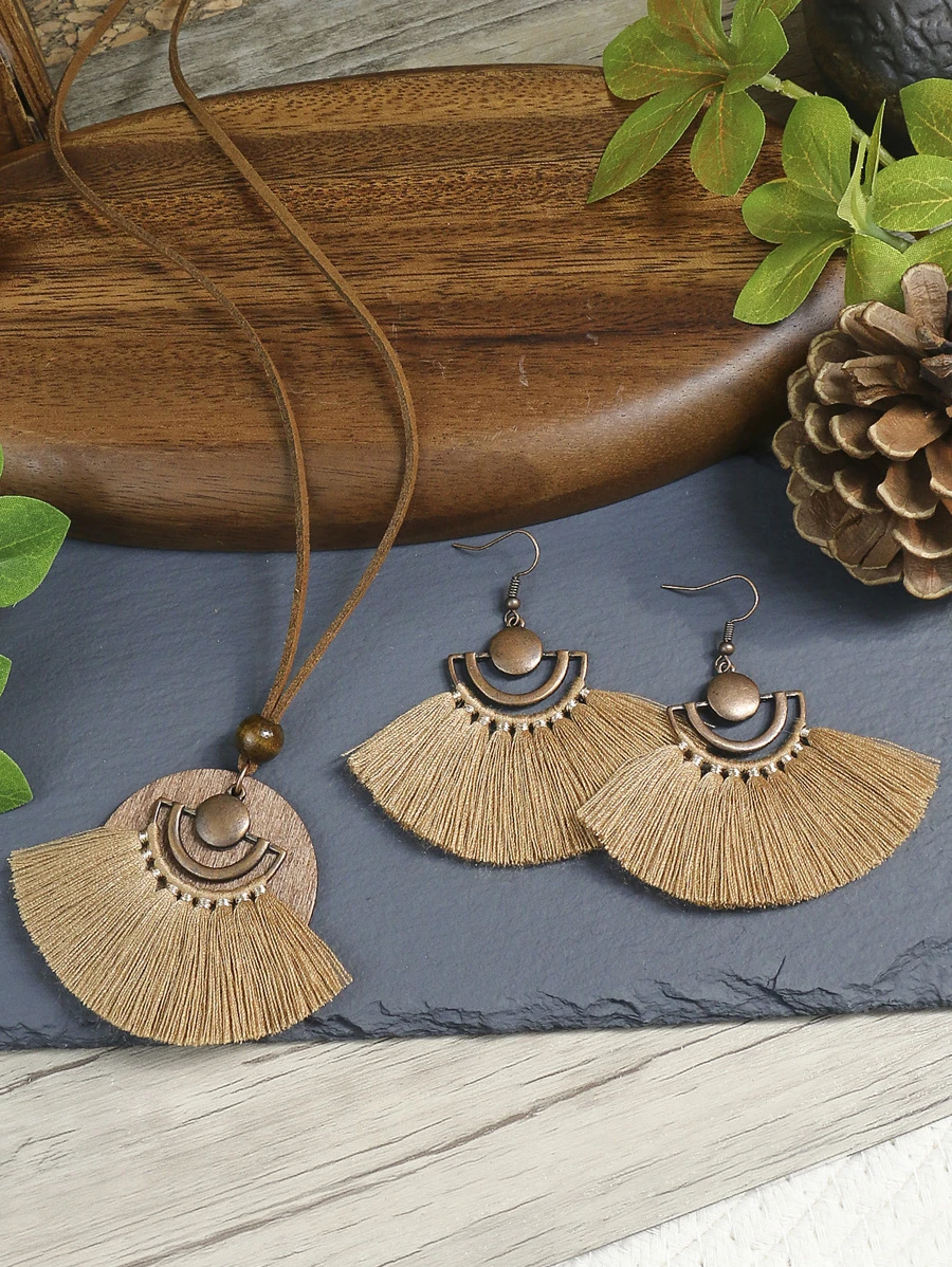 TopHanqi 3pcs Bohemian Beachy Caffeine Tassel Antique Bronze Fan-shaped Hollow-out Pendant Necklace & Earrings Set Women's Jewelry Set