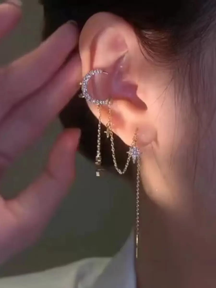 1 par Cuff de oreja dulce con delicado señoras' borla larga con diseño unico de estrellas con lunas con con cadena