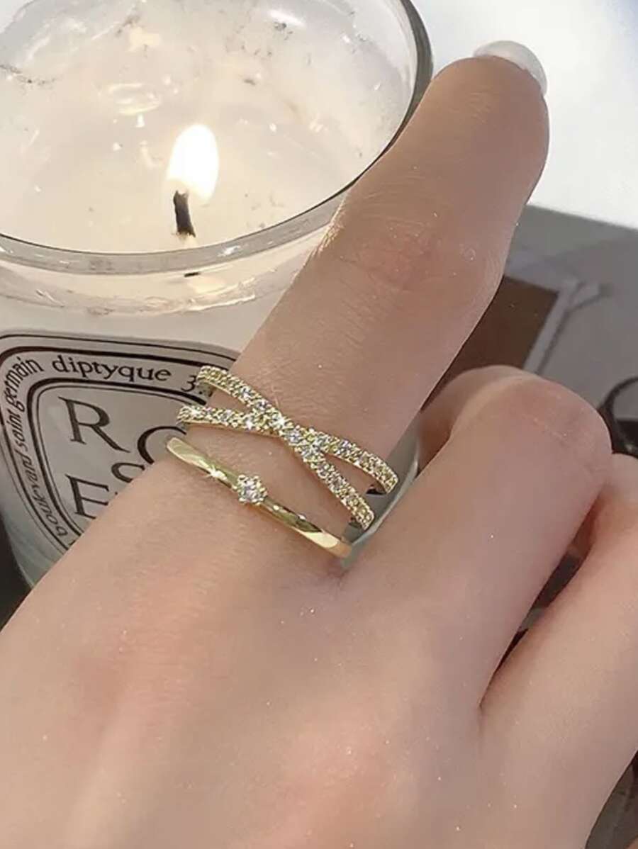 1pc Luxury Minimalist Design Cross Ring With Micro-Inlaid Zirconia Stones, Versatile Fashionable Accessory