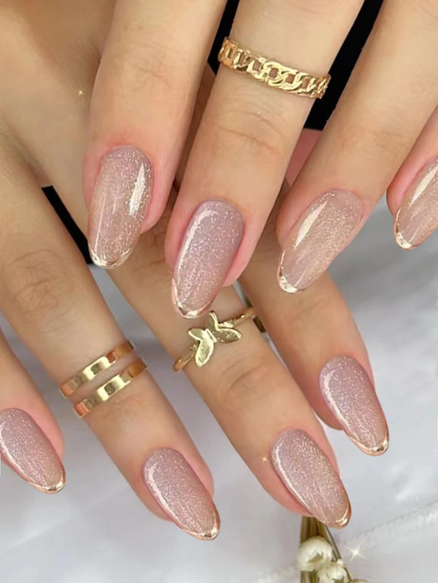 Transform Your Nails With 24pcs Full Cover Short Oval Shape Glitter Gold Edge Decor False Nails & 1pc Double-Sided Tape & 1pc Nail File Press On Nails Nail Supplies