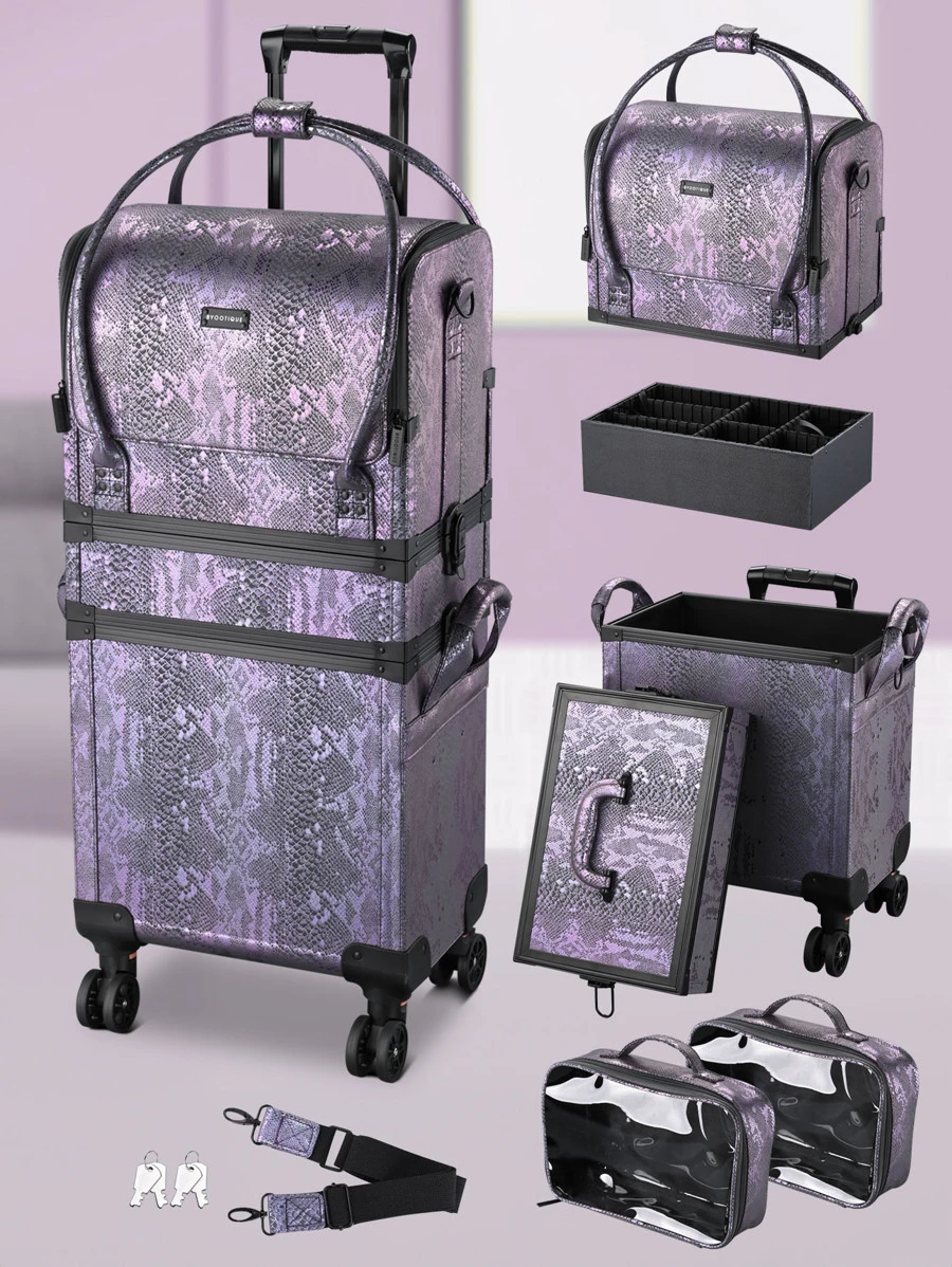 BYOOTIQUE 3 IN1 Rolling Makeup Case Sequin Cosmetic Case Artist Travel Train Case Lockable Rolling Leather Trolley With Removable Belt And Organizer Storage Hand Bag