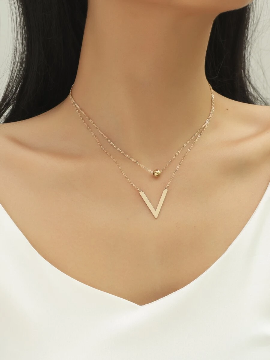 1pc Fashion Stainless Steel Letter & Bead Charm Layered Necklace For Women For Daily Decoration