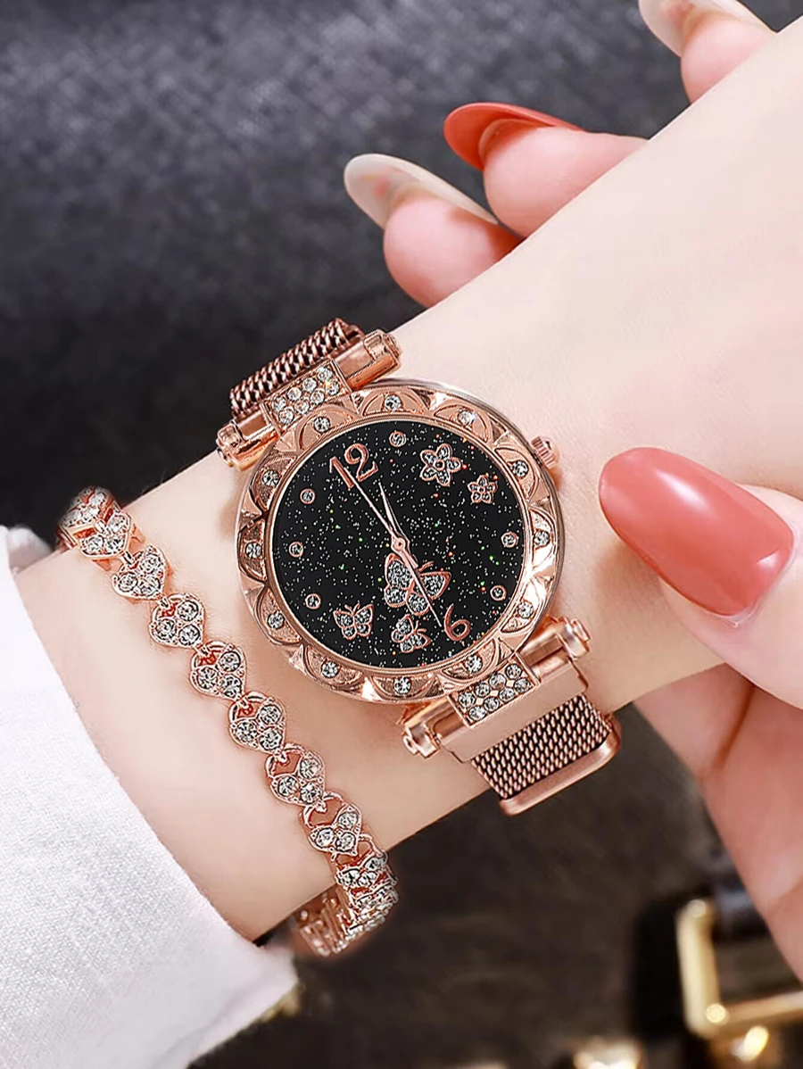 1pc Magnetic Buckle Round Quartz Watch For Women & 1pc Heart Shaped Bracelet Valentines
