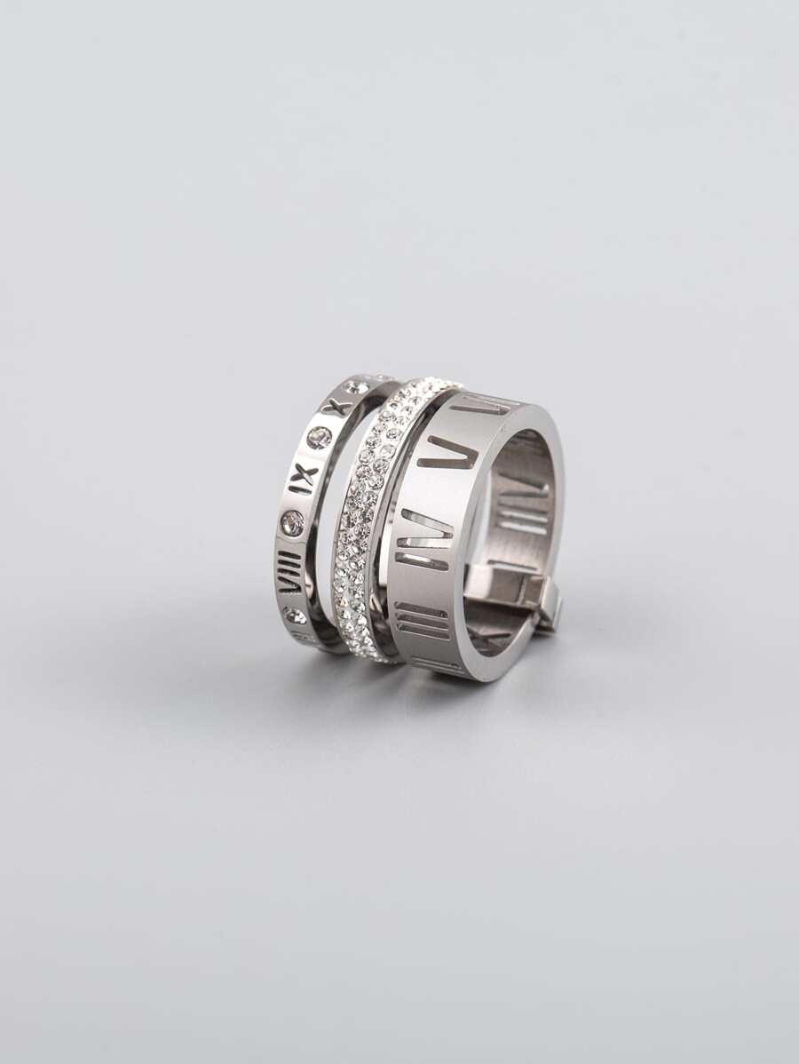 1 pièce Anneau de luxe en acier inoxydable à trois anneaux avec incrustation de strass, chiffres romains et motif ajouré, cadeau d'anniversaire pour homme
