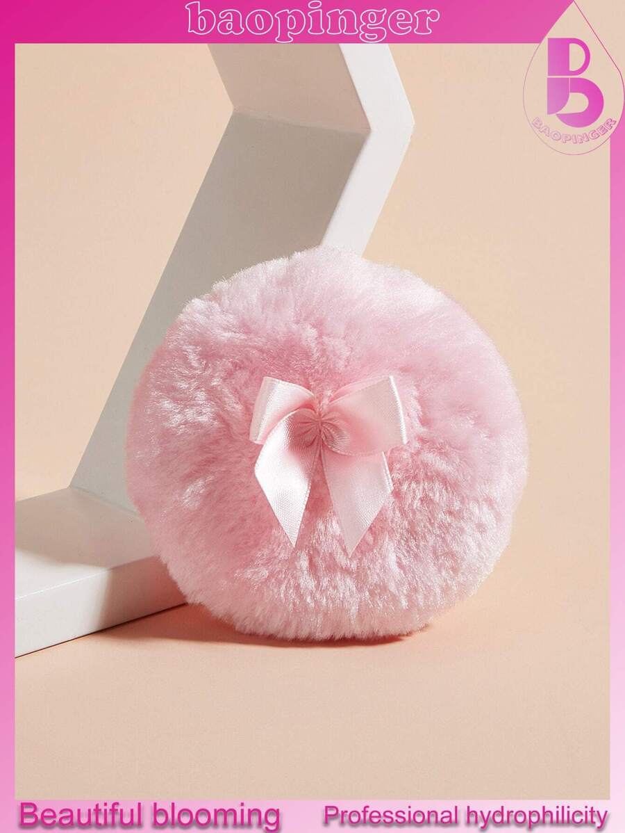 1pc Long Hair Loose Powder Puff-Pink Velvet Puff Soft Face Makeup Blender, Portable Soft Sponge Volume Puff, Round Velvet Puff With Ribbon Handle, Suitable For Loose Powder Body Puff Makeup Tools