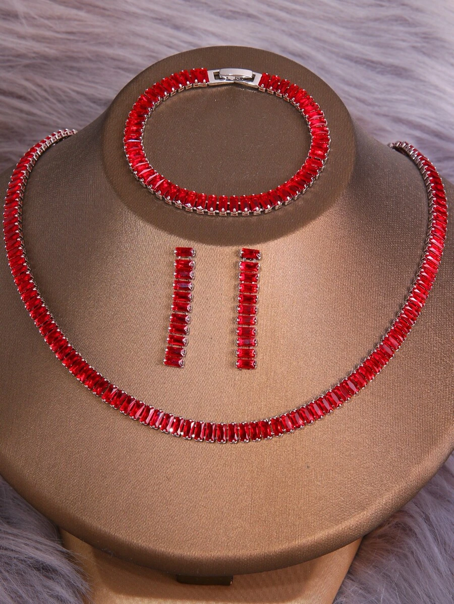 3 teiliges verziertes rechteckiges Schmuckset – Halskette, Armband, Ohrringe, geeignet für Damenhochzeit, Party
