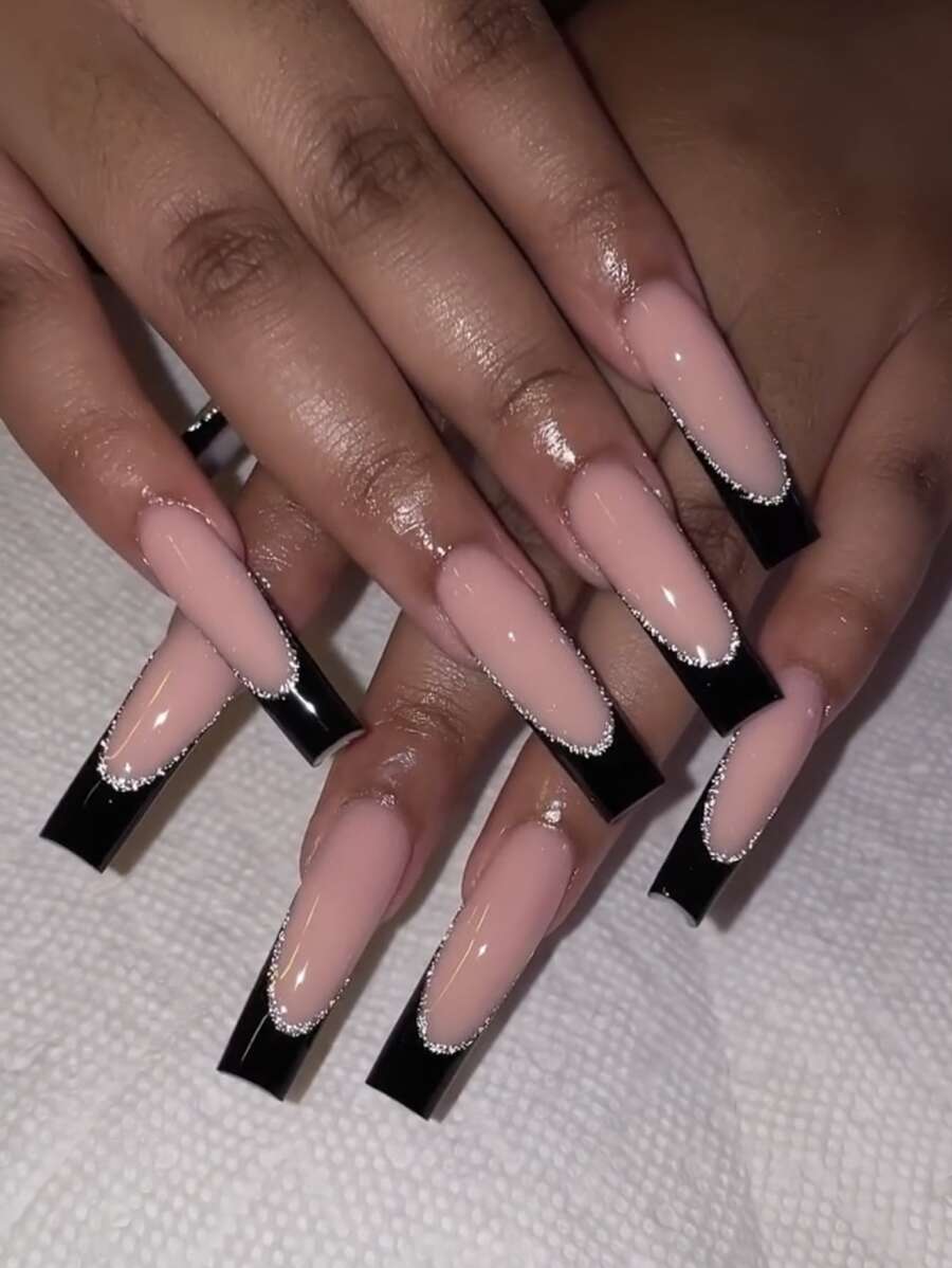 24pcs Xxl Coffin Shaped Wearable False Nails, Black French Style With High Silver Glitter Line, With 1 Nail File And 1 Jelly Glue Long Nails Press On Nails Nail Supplies