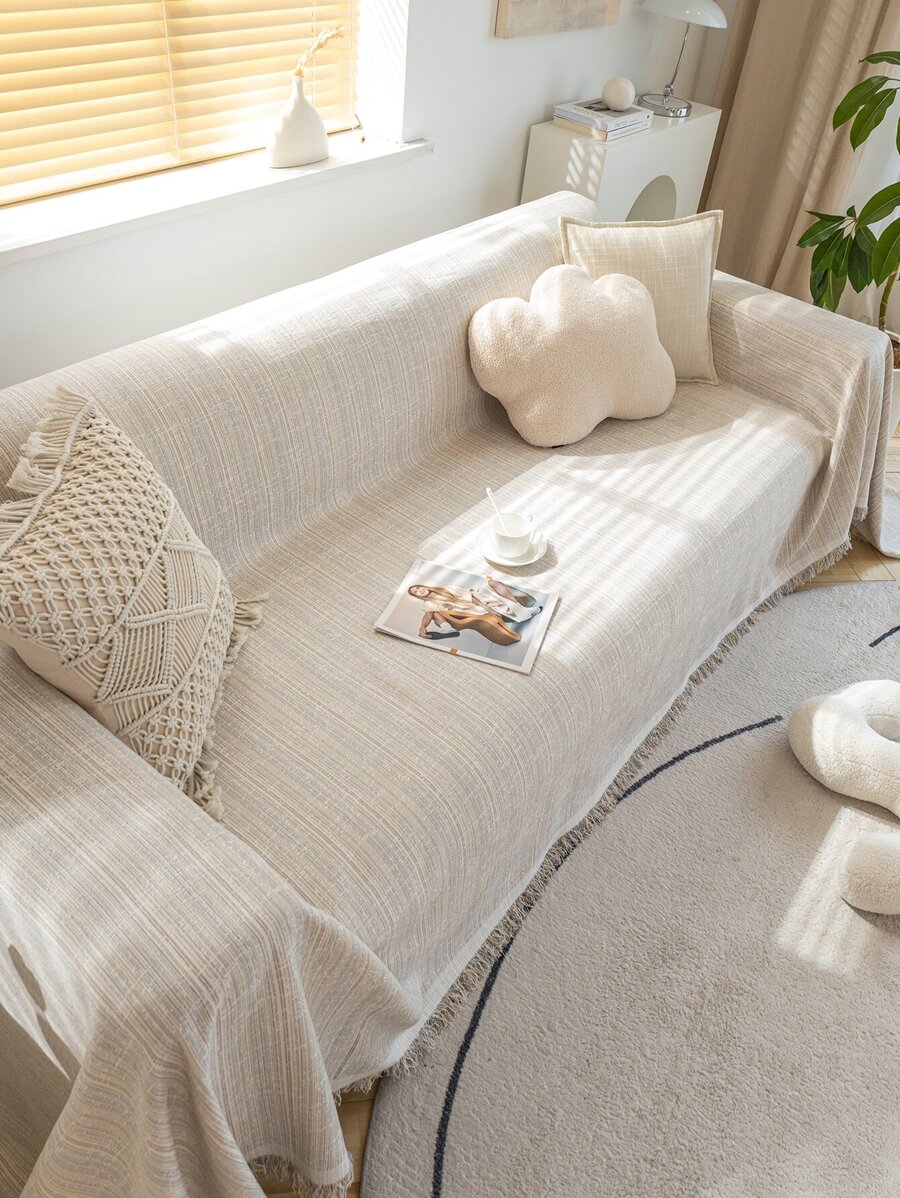 1pc Linen Sofa Throw Cover, Simple Style Dust Cover Anti-Cat Scratch Sofa Blanket, Ins Aesthetic