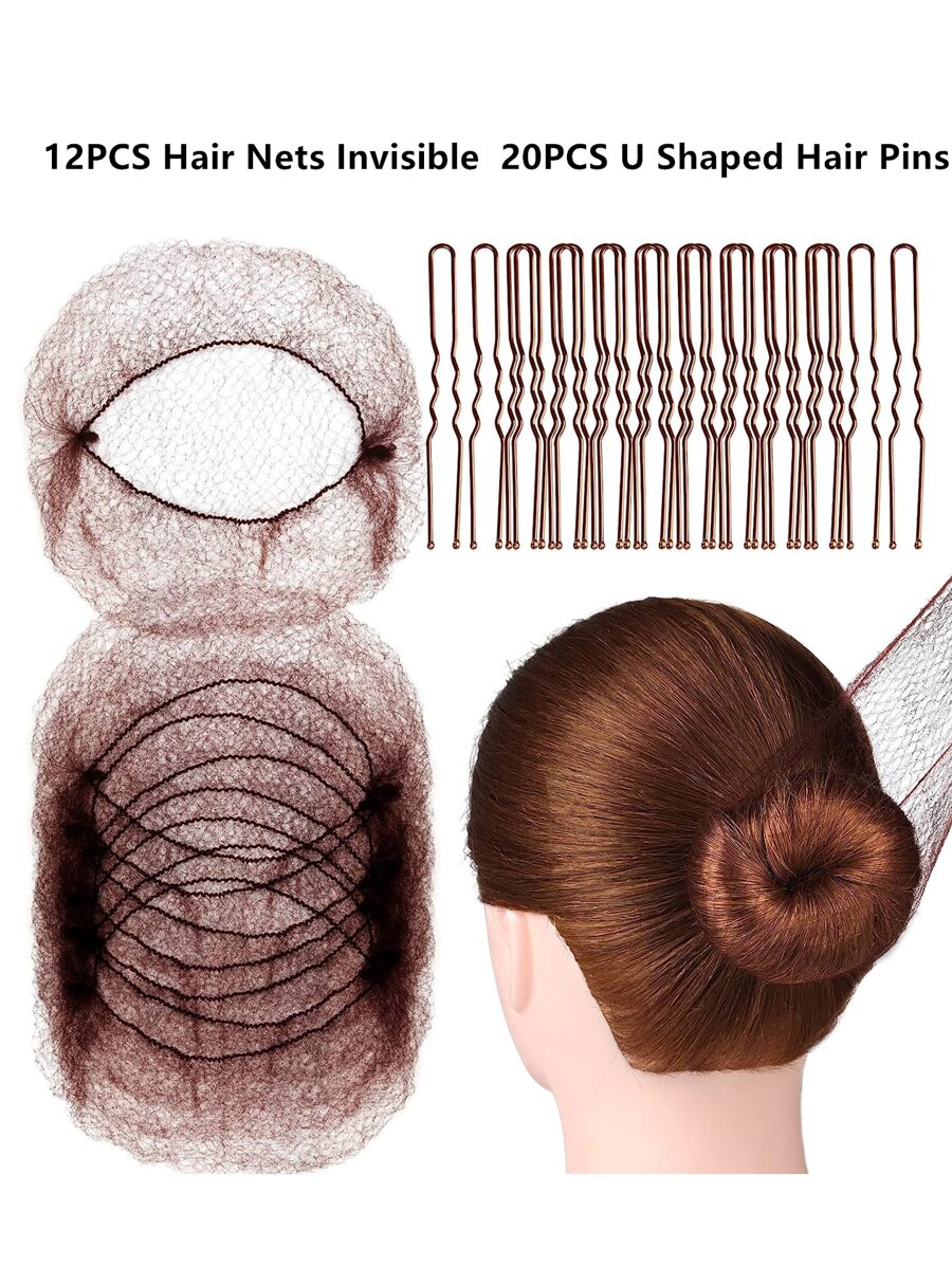 Set de 12 redecillas de pelo invisibles y 20 horquillas en forma de U, 12 redecillas de pelo de 50 cm de color marrón con borde elástico de malla y 20 pasadores para moños para mujeres, niñas, creador de moños de ballet, danza (marrón)