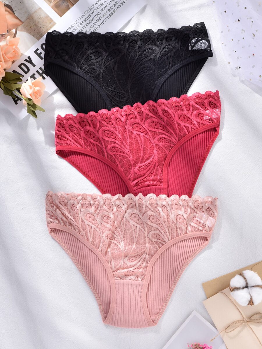 3 piezas Bragas con encaje en contraste