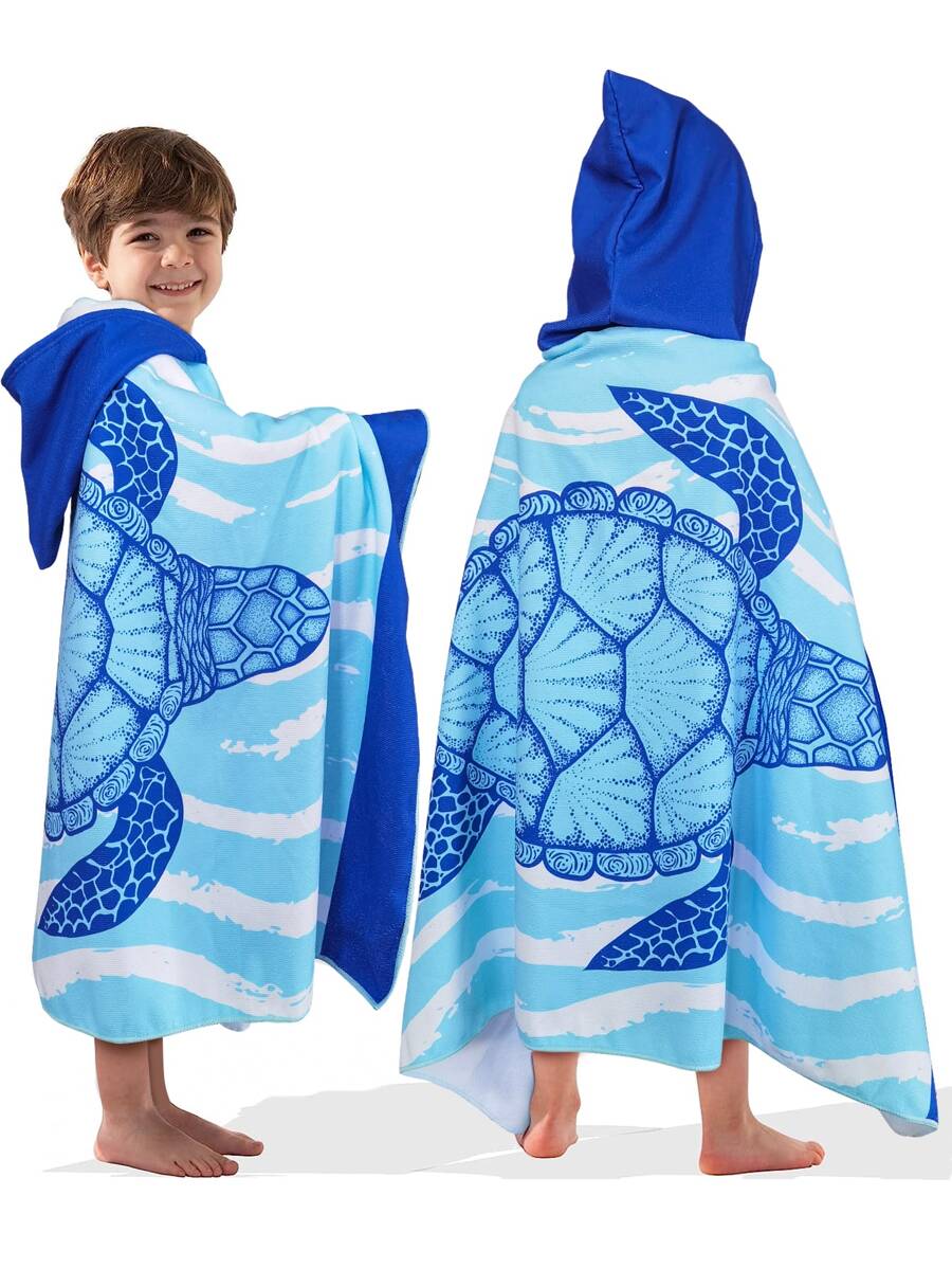 1pc Cartoon Printed Children's Bath Towel With Hood, Soft, Absorbent And Warm