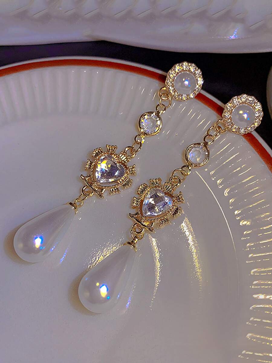 1 Par De Brincos Longos Em Forma De Coração Com Franjas, Falsa Pérola E Strass, Estilo Barroco