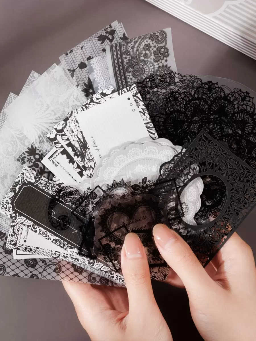 1box/100pcs Mixed Material Lace Themed Scrapbooking Stickers,School Supplies,Back To School