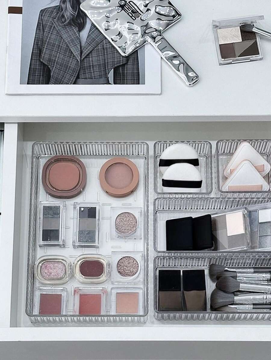 1 Pieza Organizador de cajón transparente para maquillaje y cuidado de la piel - Caja de almacenamiento de acrílico con compartimentos para tocador, baño, escritorio - Soporte para cosméticos para botellas, tarros y mascarillas