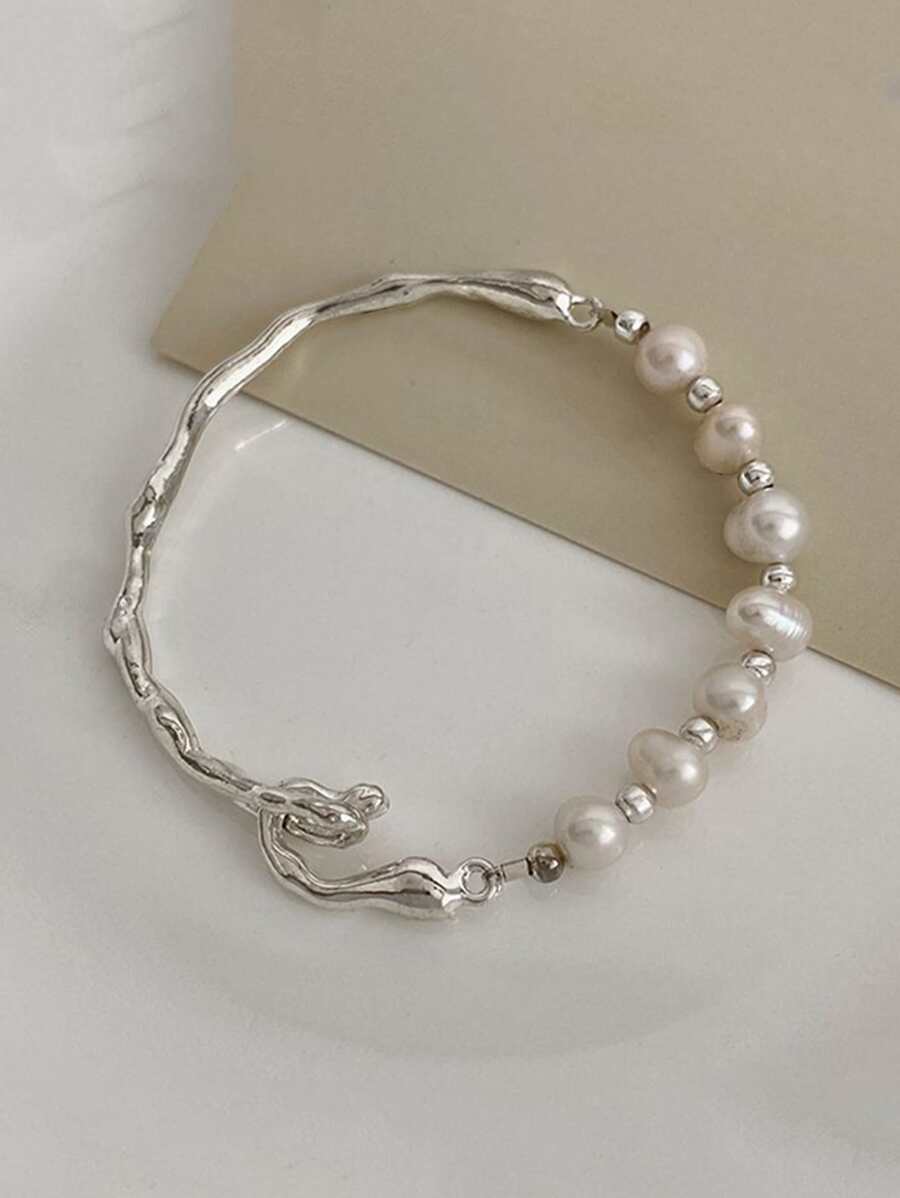 1 pieza Brazalete de perla de textura de rama de perla de cultivo barroco con parche de perla (la cantidad de perlas puede variar aleatoriamente debido a la artesanía manual)