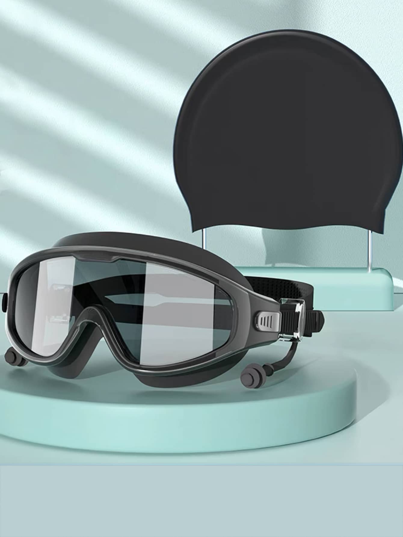 2 Stücke/Set (Badekappe + Schwimmbrille), professionelle, beschlagfreie, wasserdichte Schwimmbrille mit großem Rahmen für kurzsichtige Männer und Frauen mit Badekappe, Tauchausrüstung