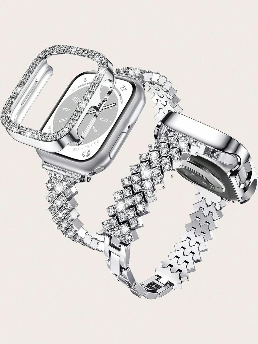 2pcs Silver Bling Diamond Shiny Metal Bands, Suitable For Apple Watch 38/40/41mm 42/44/45/46mm, Fashionable Young Women Smart Watch Strap For Ultra 3/2/1 Se/S10/S9/S8/S7