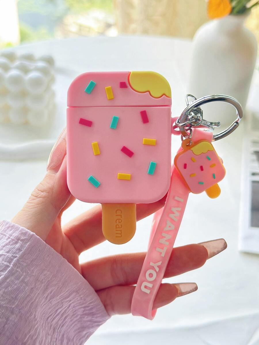 Funda de silicona compatible con AirPods 1/2 y AirPods Pro con diseño kawaii de paleta de helado de color rosa bebé