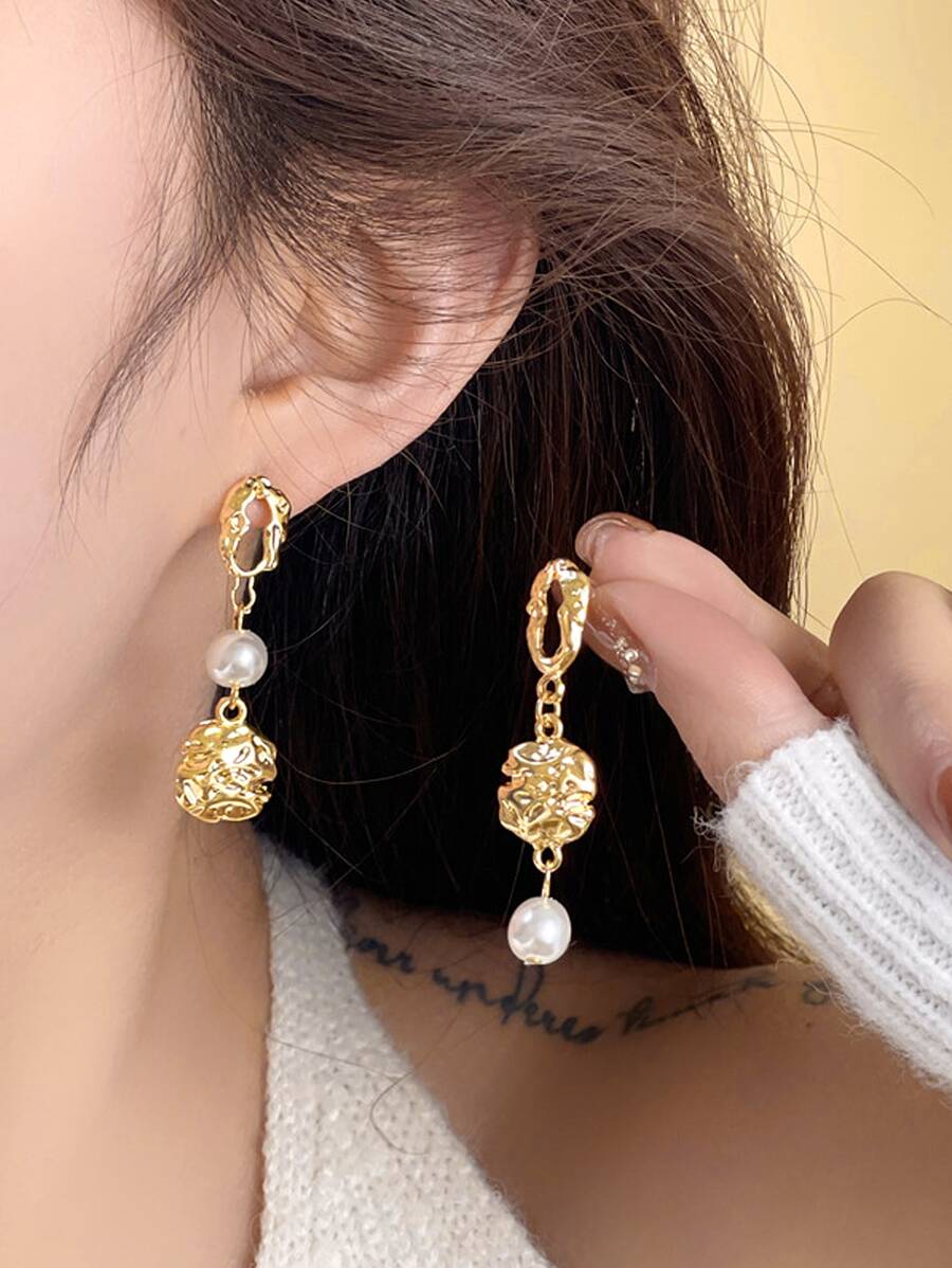 Gold Pearl Earrings Asymmetrical Baroque Narural Pearl Earrings Chain Drop Cuff Earrings Jewelry Gift For Women & Girls
