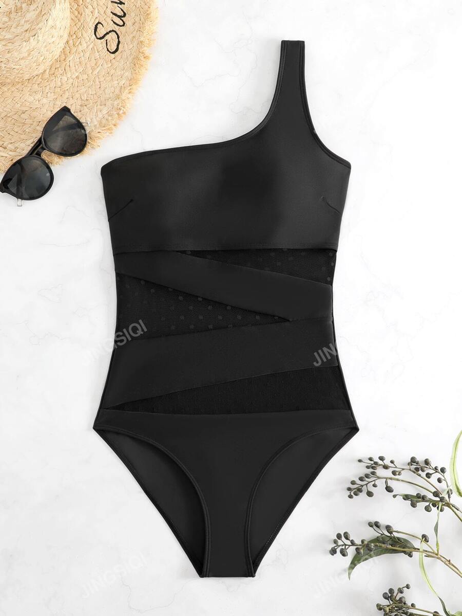 Contrast Mesh One Shoulder One Piece Swimsuit Summer