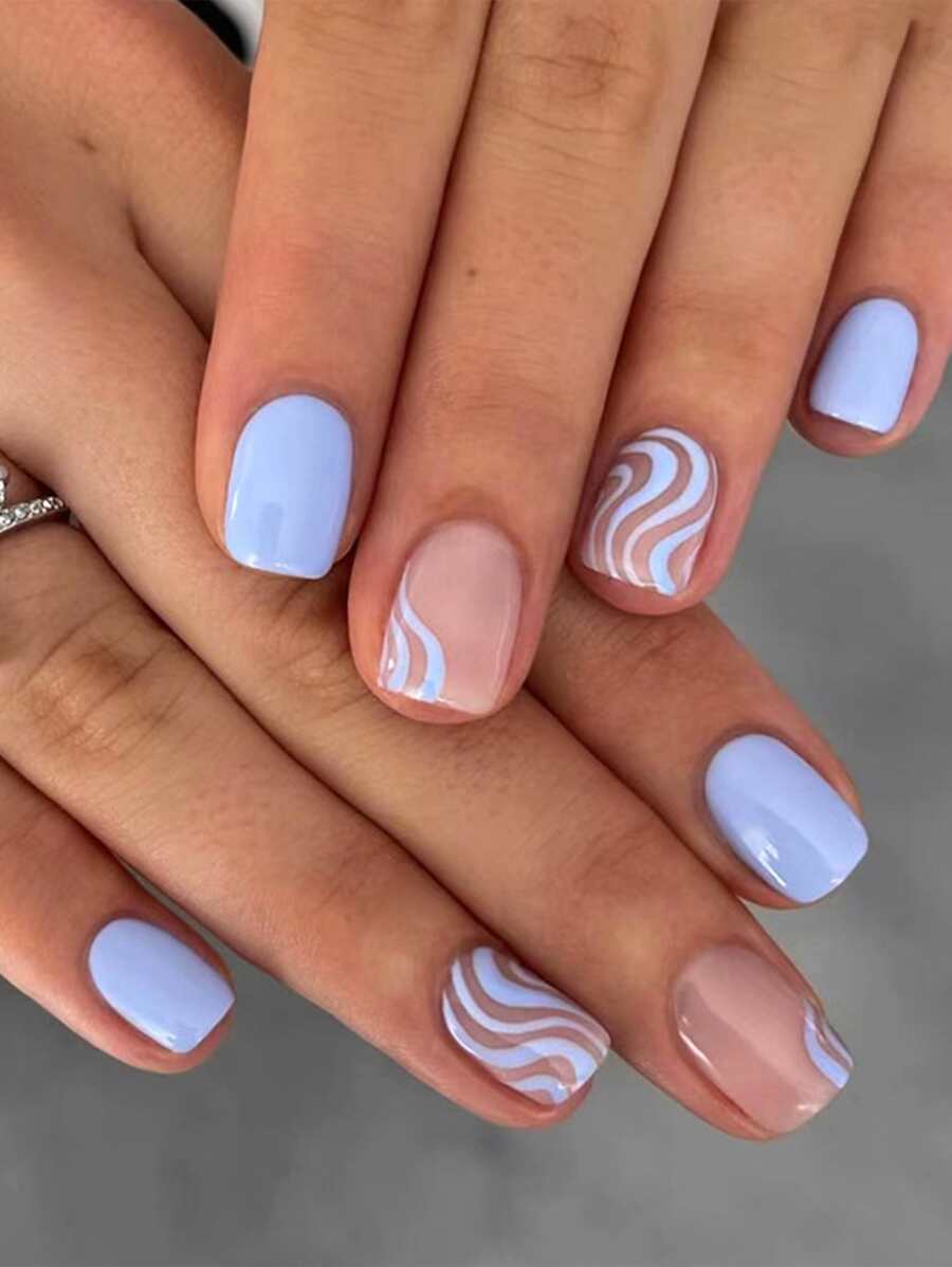 24pcs/Set Short Square Stripe Pattern False Nails With 1pc Nail File And 1pc Jelly Gel Press On Nails Nail Supplies