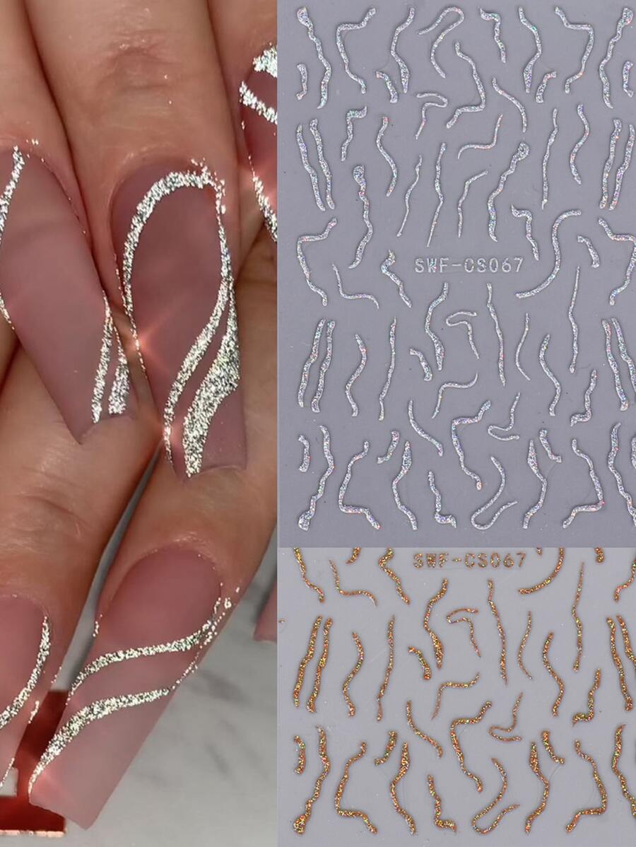 FULL BEAUTY 2pcs Reflective Glitter Swirl Line Nail Decals Sticker DIY Abstract Stripe Wave Sparkles Sliders Nail Art Decoration Nail Stickers