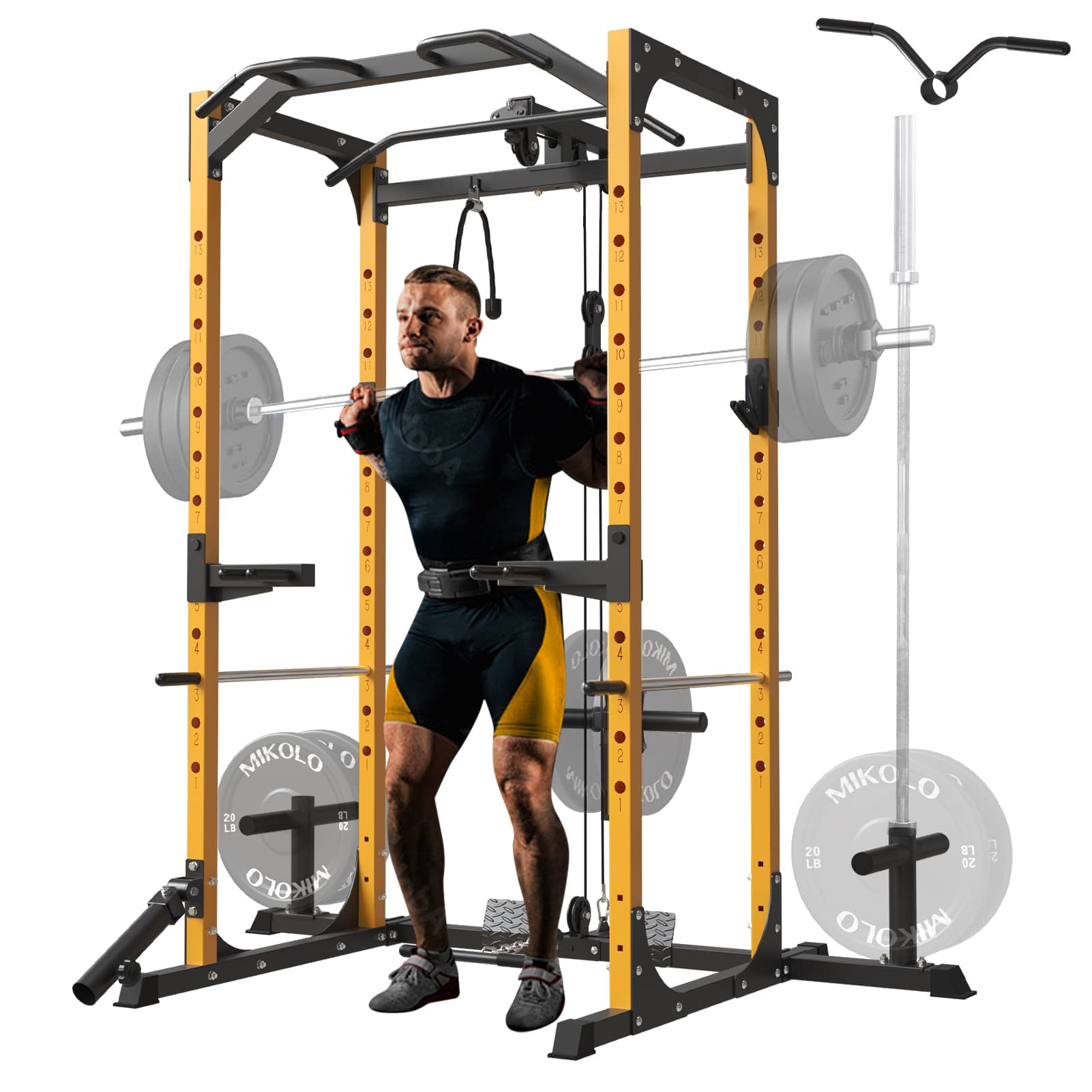 Mikolo Power Rack Cage with LAT Pulldown System, 1200LBS Capacity Power Rack, Multi-Functional Squat Rack with 13-Level Adjustable Height and J-Hooks, Dip Bars, T-Bar, Gym Equipment (Upgraded)