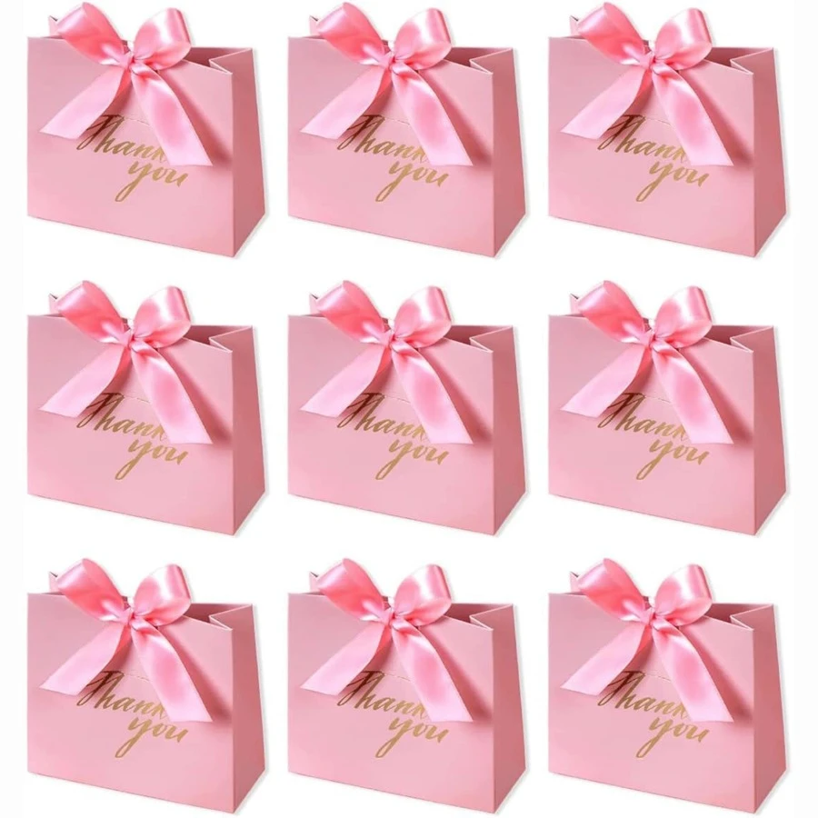 12 Packs Thank You Favour Bags - For Any Occasion Party Favour Bags Treat Boxes Rose Red Bow Ribbon Pink Patterned Bulk Paper Favour Bags Weddings Shower Gifts Business Party Supplies
