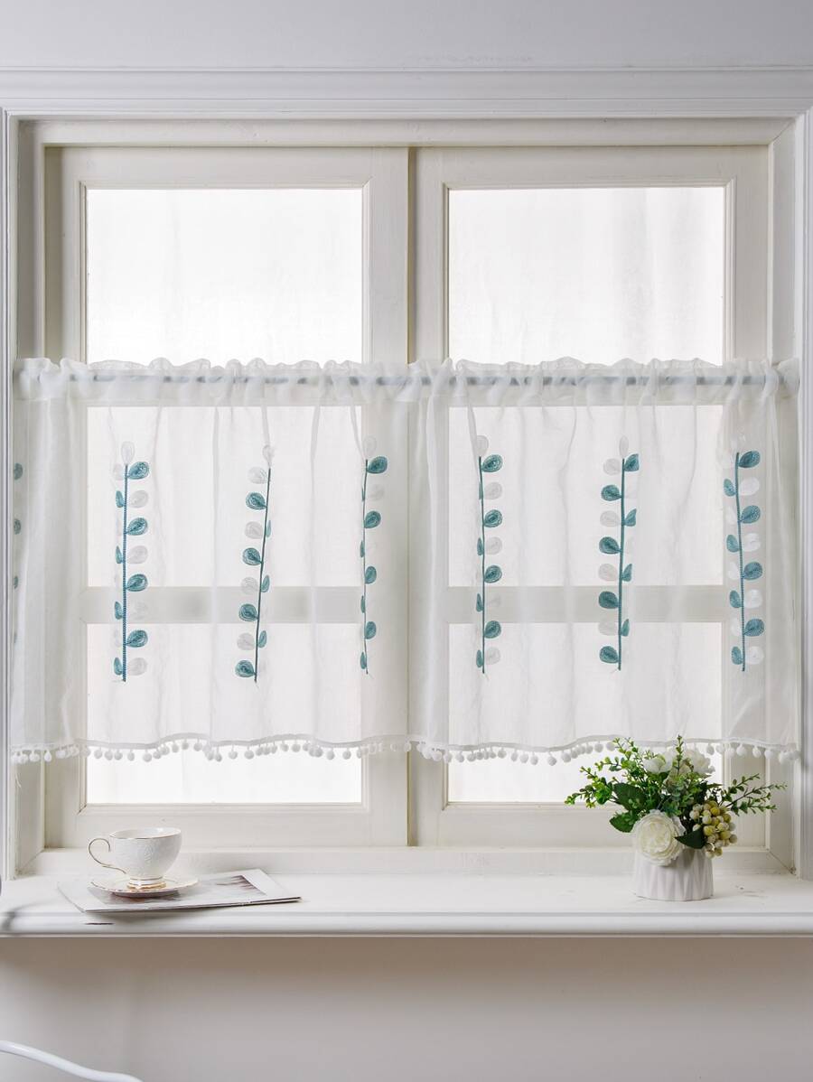 Summer Fresh And Simple Blue & White Tree Branches Design Cafe Curtain With Rod Pocket, 1pc