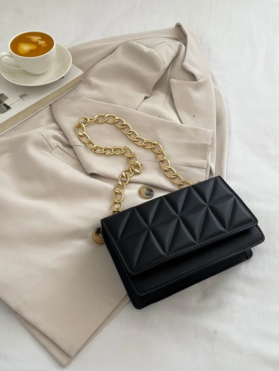 Mini Solid Color Embossed Geometric Flap Shoulder Bag With Simple Metallic Chain Decoration