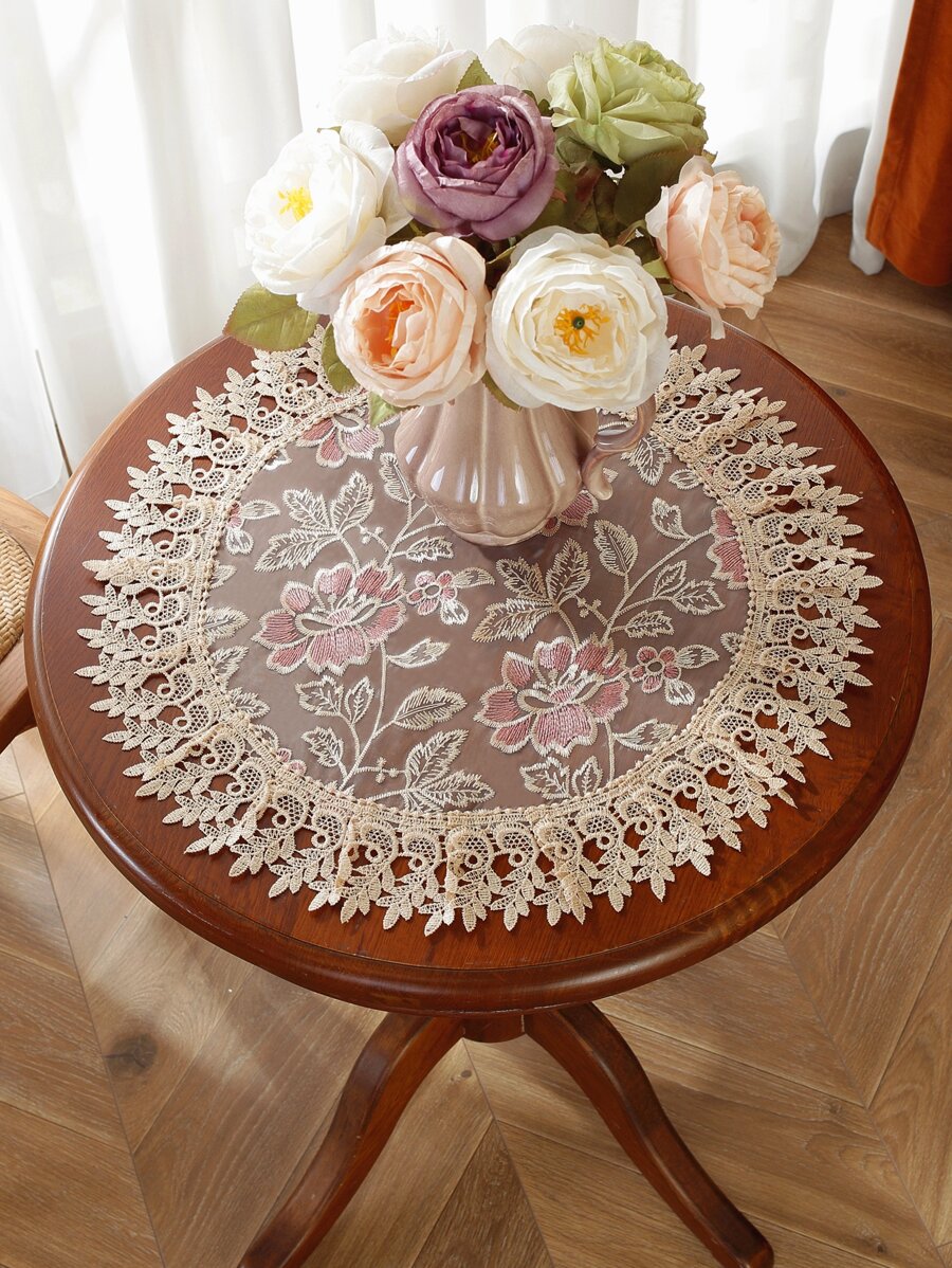 1pc Organza Material, Embroidered, Water Soluble Lace Edge, Kitchen & Dining Table Mat, Anti-Fouling, Round Place Mat, Round Tablecloth, Home Decor, Family Gathering, Holiday Decoration, Party & Wedding Decoration Series