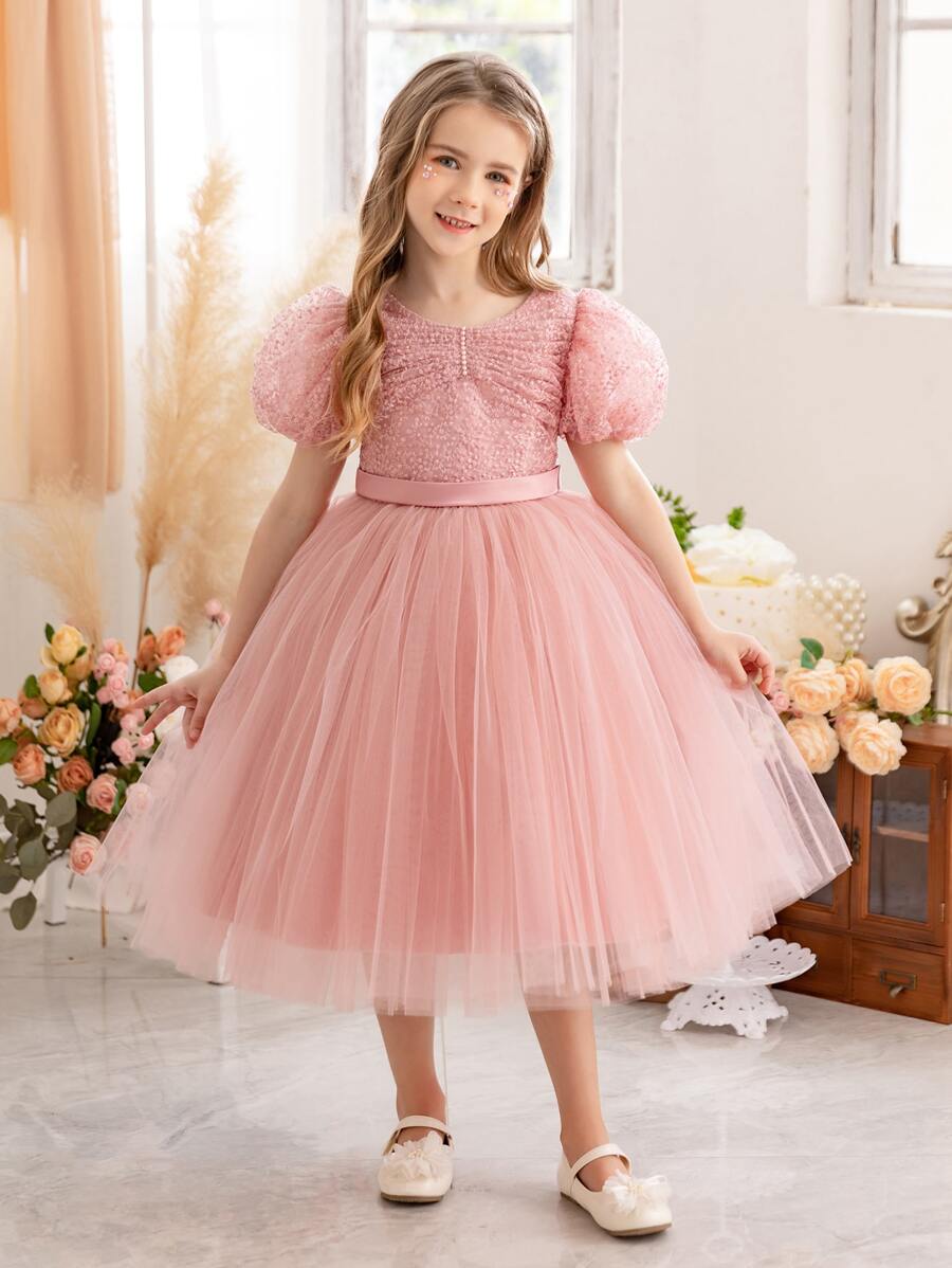 Young Girl Independence Day Puff Sleeve Embroidered Tulle Party Dress, Elegant Princess Style Dress Suitable For Girls Birthday Party, Wedding Flower Girl, Stage Performance, Holiday Celebration